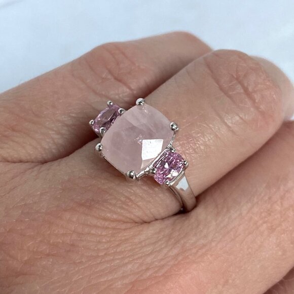 Sterling Silver 925 Thailand Faceted Prong Set Rose Quartz Pink CZ Ring Sz 5.75 - Picture 12 of 16